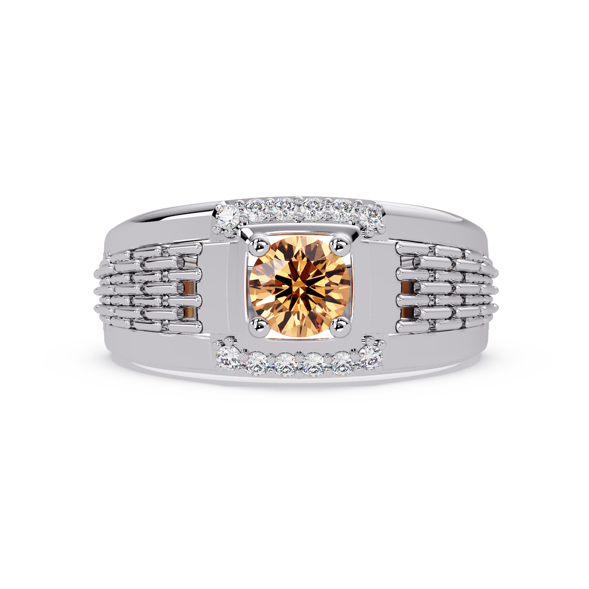 0.7 CTW Round Diamond Accent Geometric Men’s Colorstone Ring with Champagne Topaz in 14K White Gold – Lunéa Paris