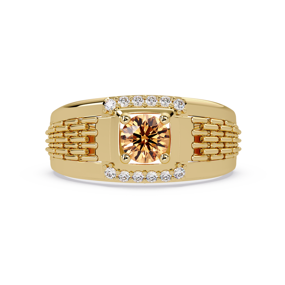 0.7 CTW Round Diamond Accent Geometric Men’s Colorstone Ring with Champagne Topaz in 14K Yellow Gold – Lunéa Paris