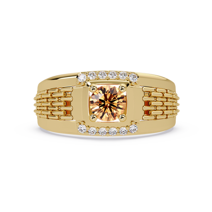 0.7 CTW Round Diamond Accent Geometric Men’s Colorstone Ring with Champagne Topaz in 14K Yellow Gold – Lunéa Paris
