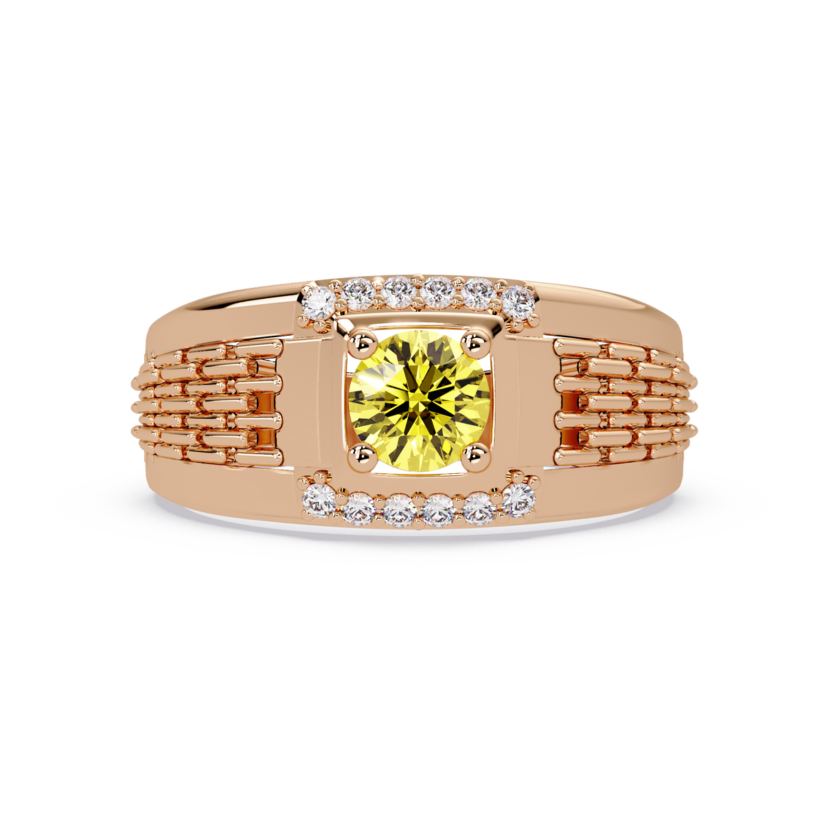 0.7 CTW Round Diamond Accent Geometric Men’s Colorstone Ring with Citrine Yellow in 14K Rose Gold – Lunéa Paris
