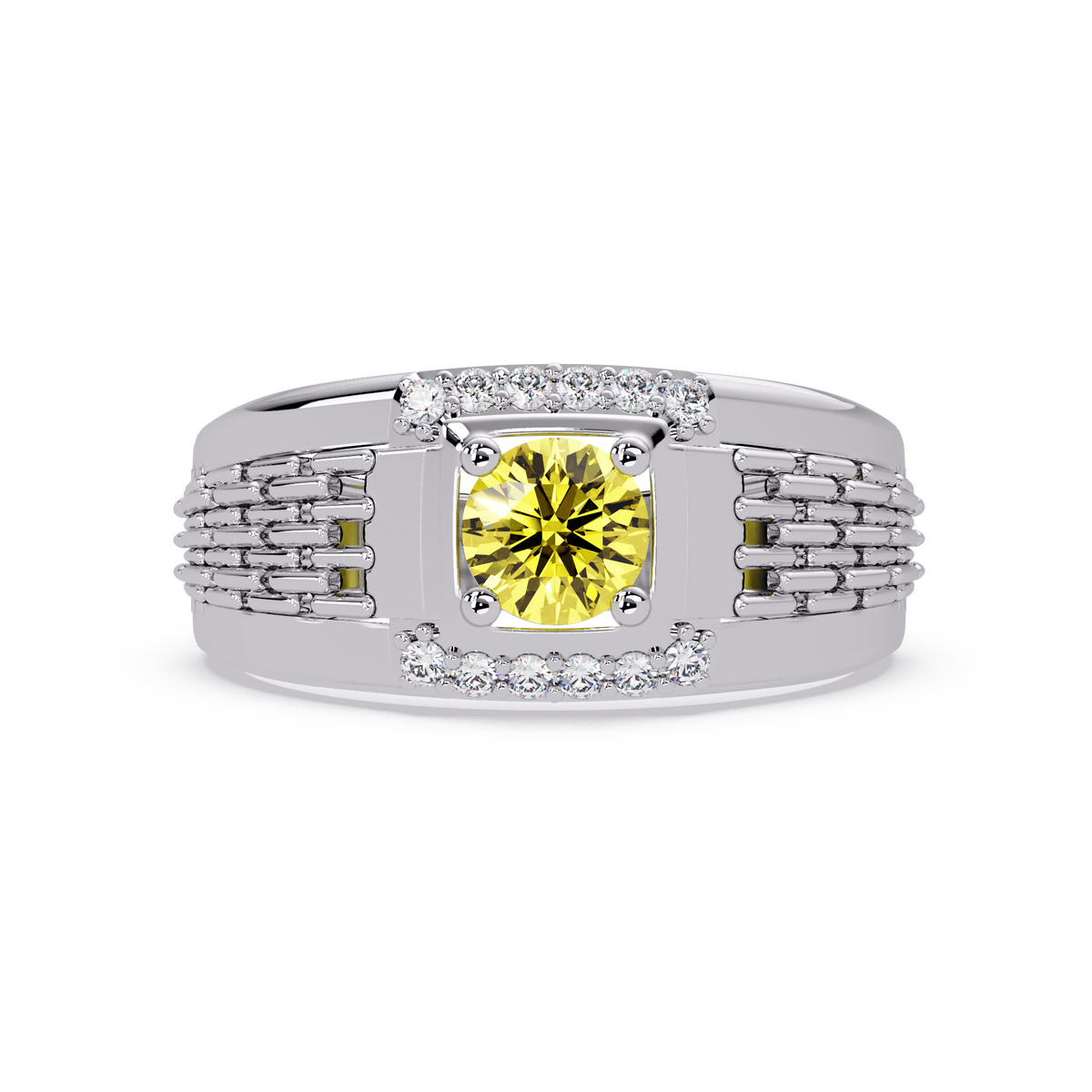 0.7 CTW Round Diamond Accent Geometric Men’s Colorstone Ring with Citrine Yellow in 14K White Gold – Lunéa Paris