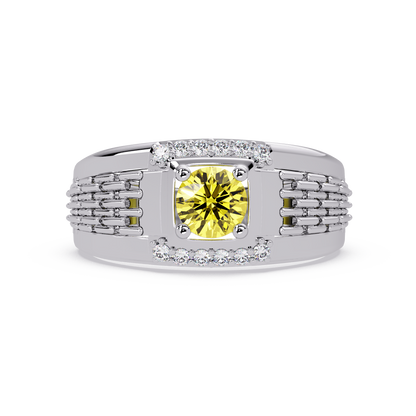 0.7 CTW Round Diamond Accent Geometric Men’s Colorstone Ring with Citrine Yellow in 14K White Gold – Lunéa Paris