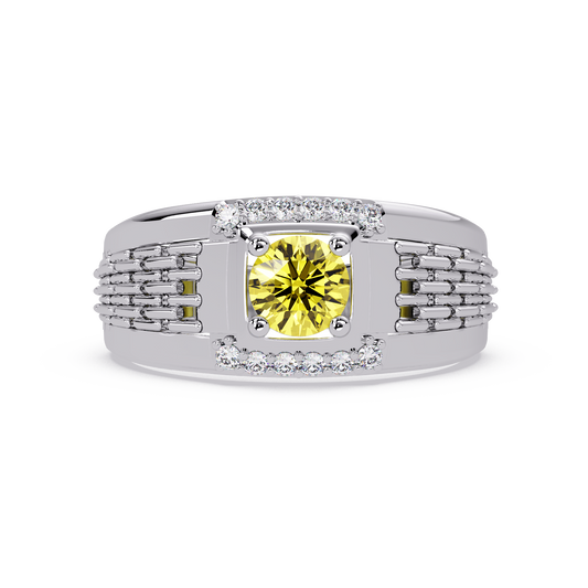 0.7 CTW Round Diamond Accent Geometric Men’s Colorstone Ring with Citrine Yellow in 14K White Gold – Lunéa Paris