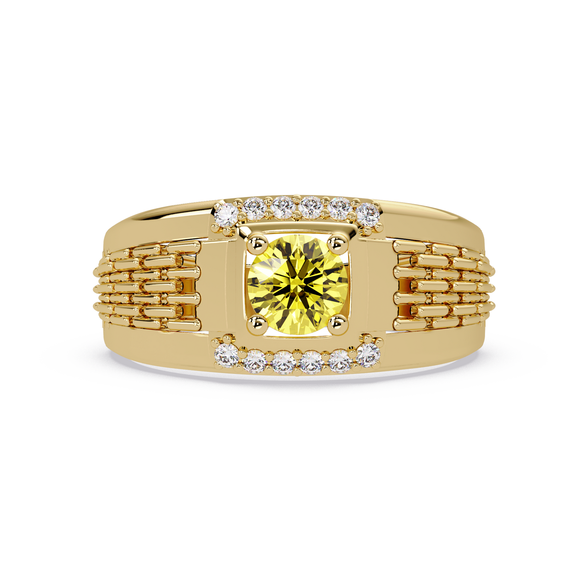 0.7 CTW Round Diamond Accent Geometric Men’s Colorstone Ring with Citrine Yellow in 14K Yellow Gold – Lunéa Paris