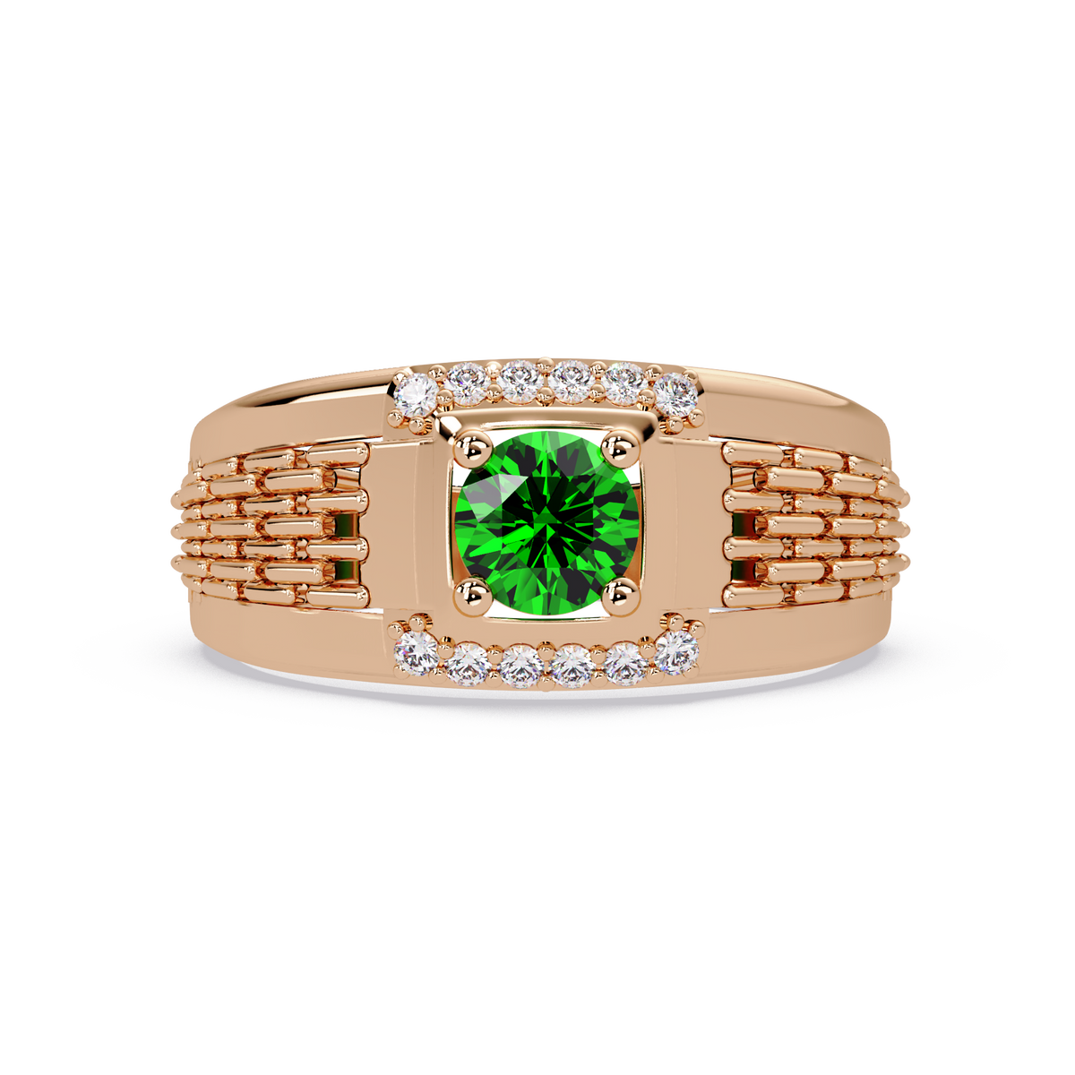 0.7 CTW Round Diamond Accent Geometric Men’s Colorstone Ring with Emerald Green in 14K Rose Gold – Lunéa Paris