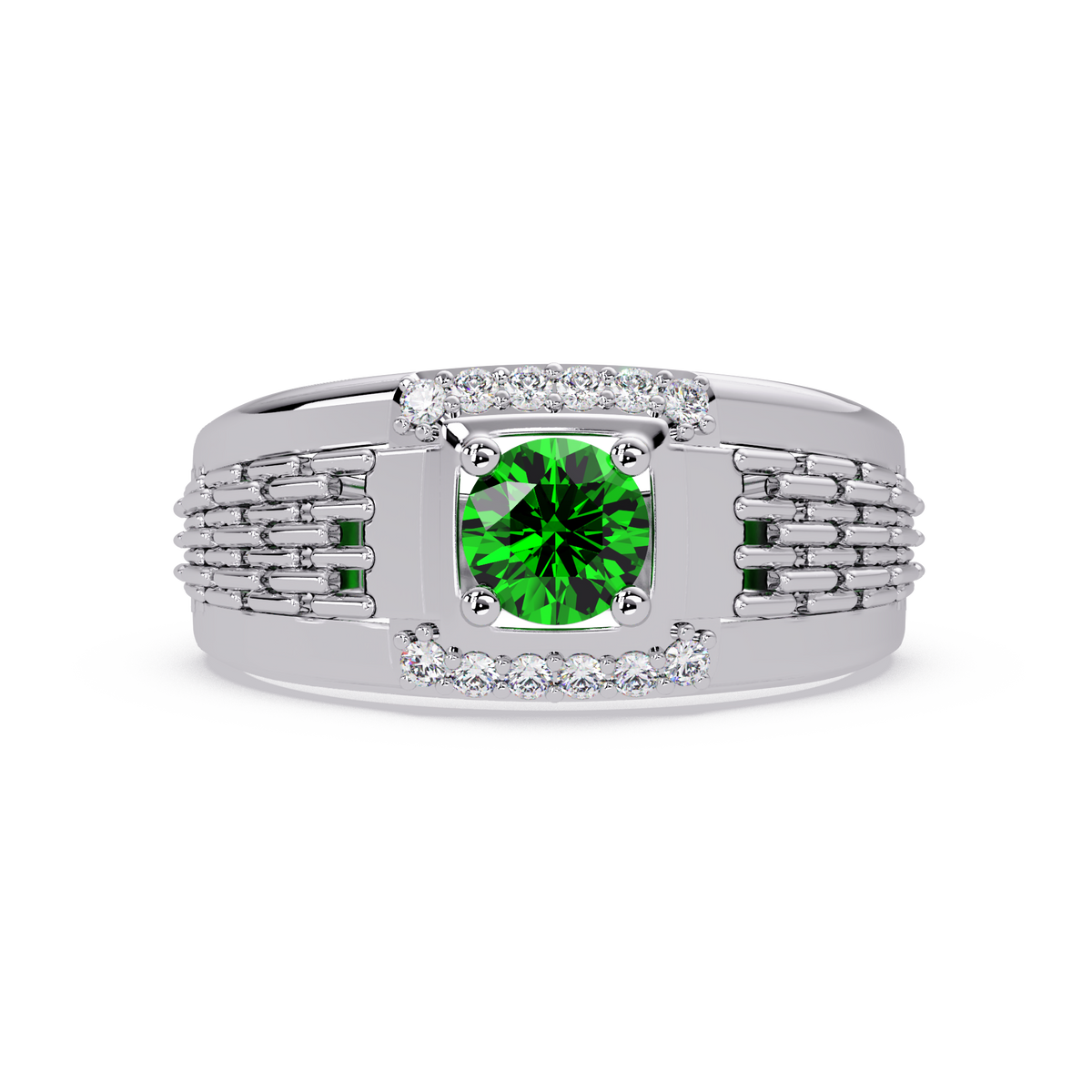 0.7 CTW Round Diamond Accent Geometric Men’s Colorstone Ring with Emerald Green in 14K White Gold – Lunéa Paris