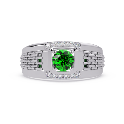 0.7 CTW Round Diamond Accent Geometric Men’s Colorstone Ring with Emerald Green in 14K White Gold – Lunéa Paris