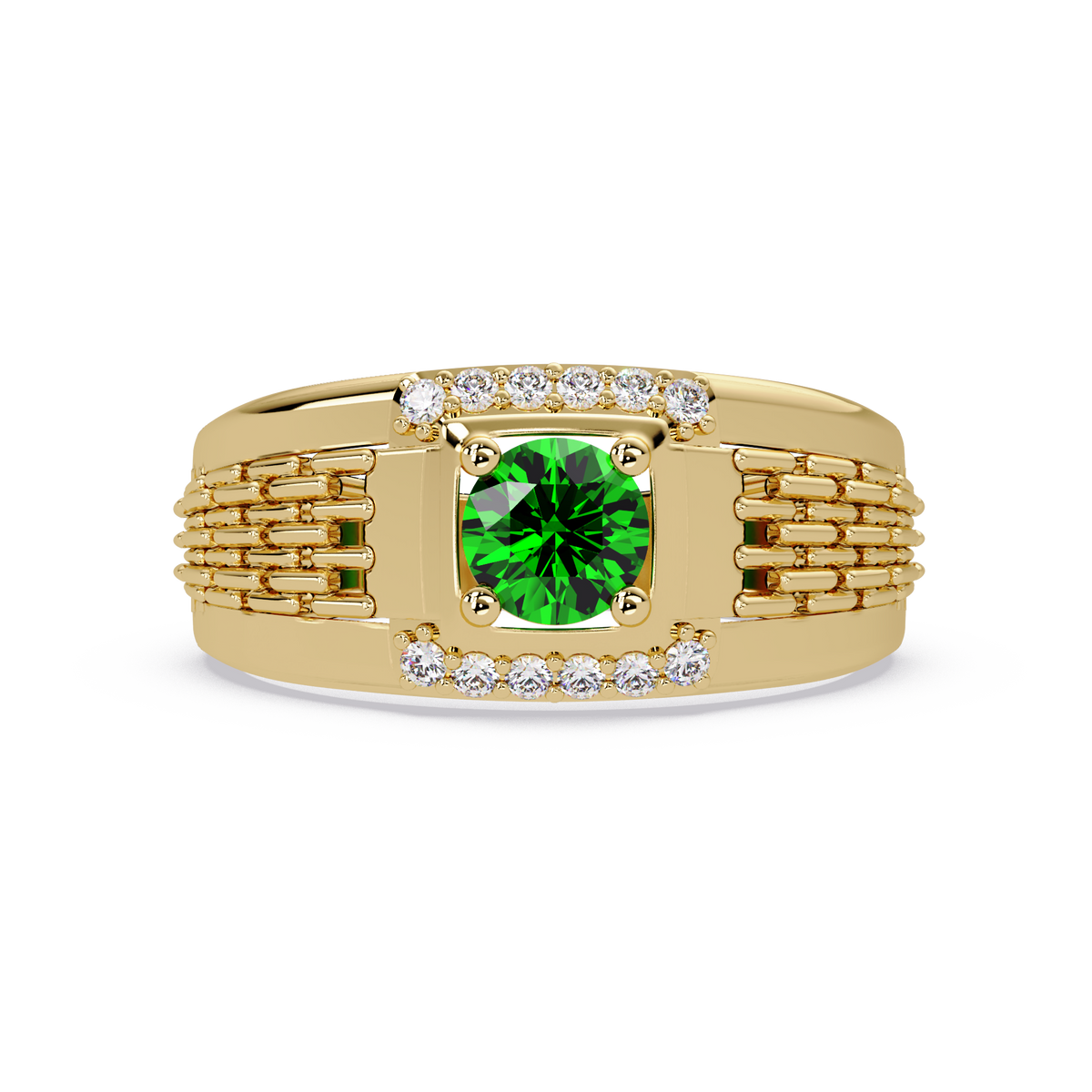 0.7 CTW Round Diamond Accent Geometric Men’s Colorstone Ring with Emerald Green in 14K Yellow Gold – Lunéa Paris