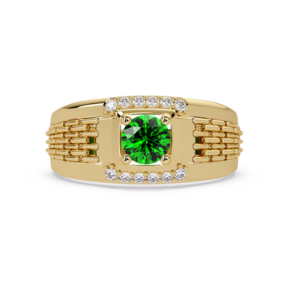 0.7 CTW Round Diamond Accent Geometric Men’s Colorstone Ring with Emerald Green in 14K Yellow Gold – Lunéa Paris