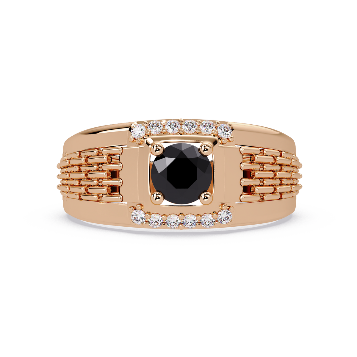 0.7 CTW Round Diamond Accent Geometric Men’s Colorstone Ring with Onyx in 14K Rose Gold – Lunéa Paris