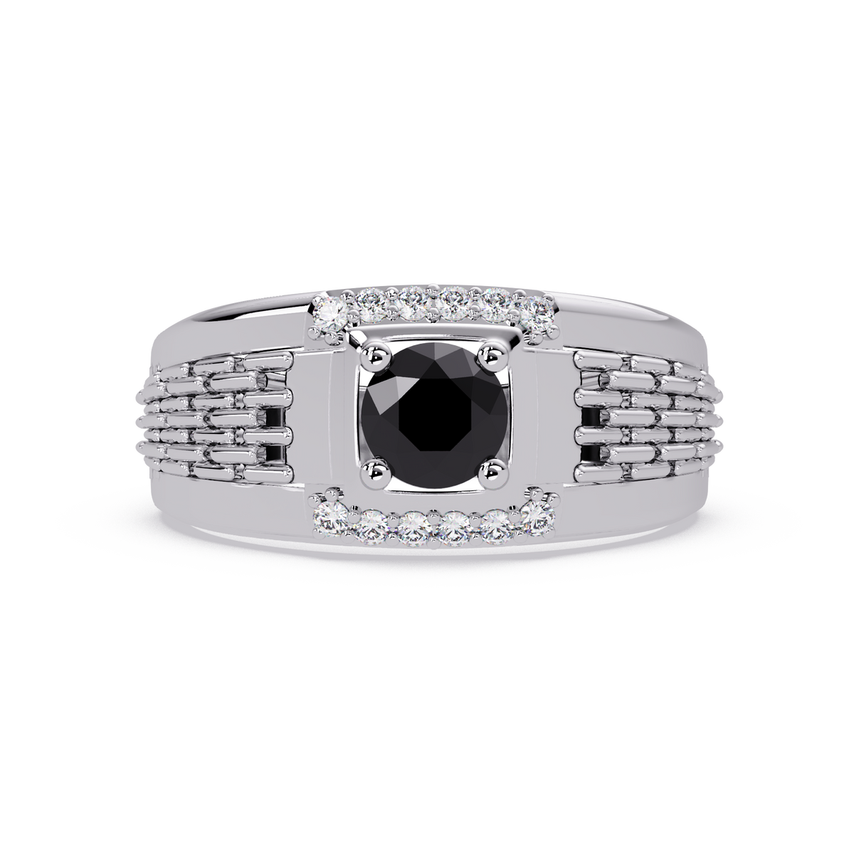 0.7 CTW Round Diamond Accent Geometric Men’s Colorstone Ring with Onyx in 14K White Gold – Lunéa Paris