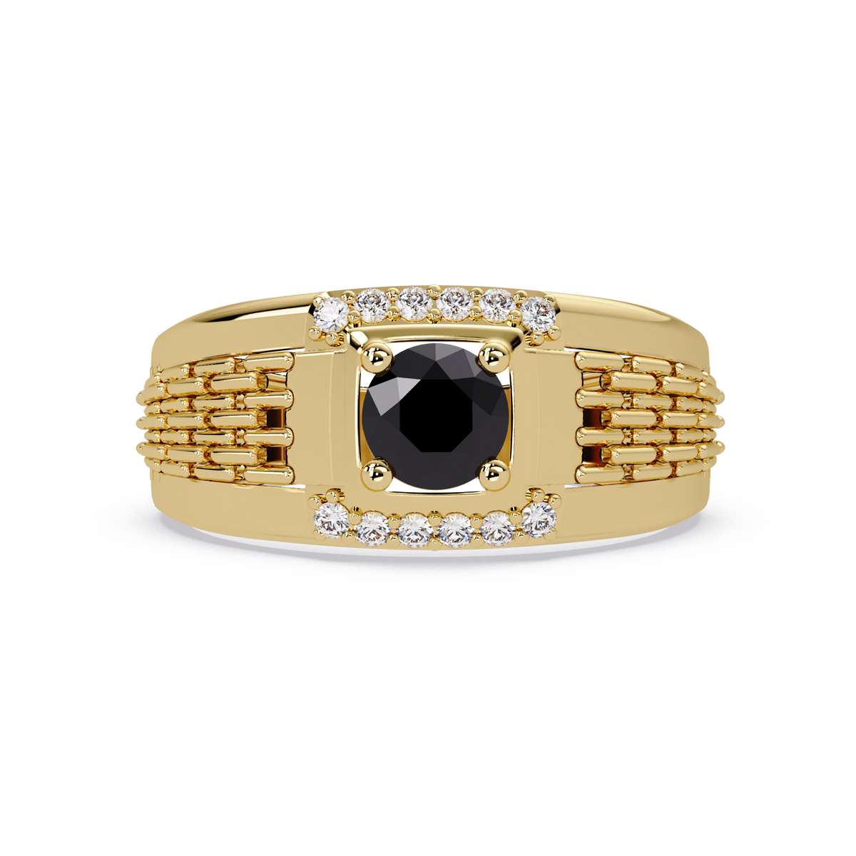 0.7 CTW Round Diamond Accent Geometric Men’s Colorstone Ring with Onyx in 14K Yellow Gold – Lunéa Paris