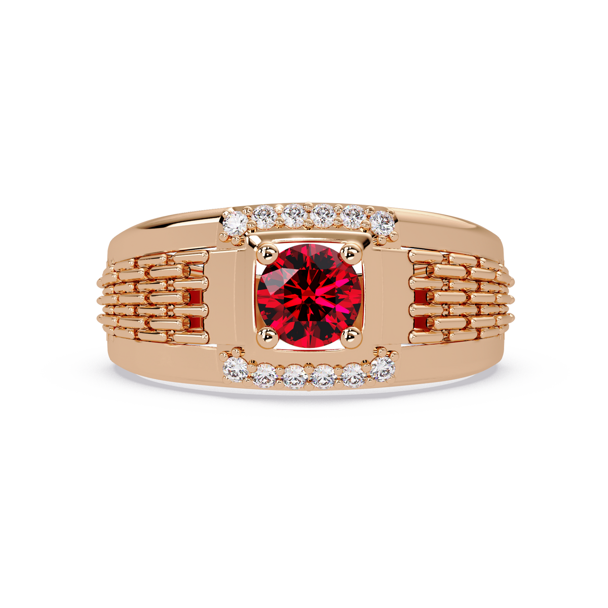 0.7 CTW Round Diamond Accent Geometric Men’s Colorstone Ring with Ruby Red in 14K Rose Gold – Lunéa Paris