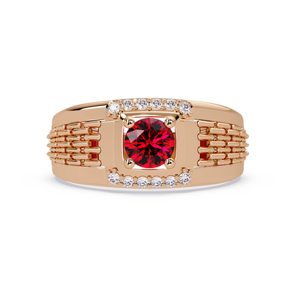 0.7 CTW Round Diamond Accent Geometric Men’s Colorstone Ring with Ruby Red in 14K Rose Gold – Lunéa Paris