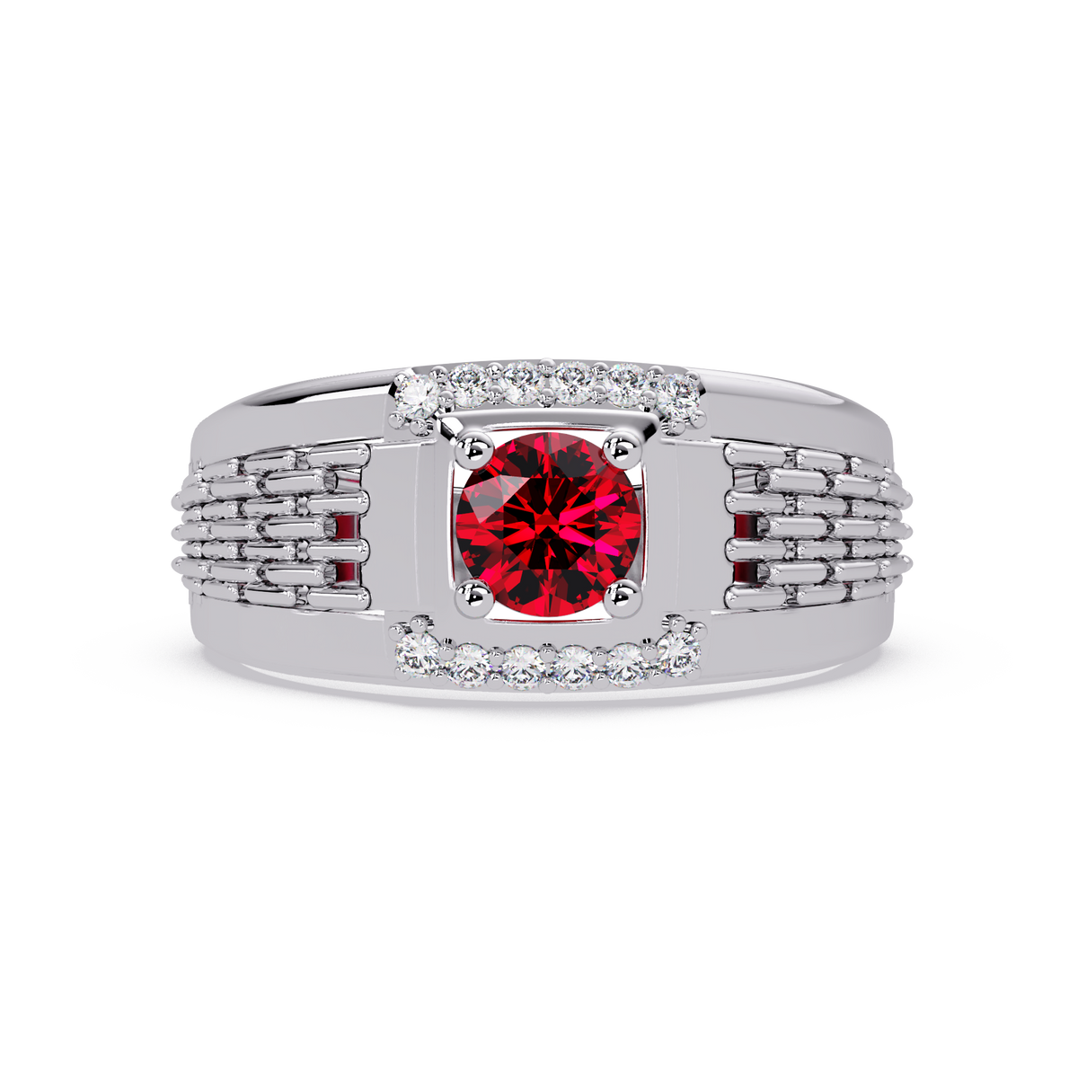 0.7 CTW Round Diamond Accent Geometric Men’s Colorstone Ring with Ruby Red in 14K White Gold – Lunéa Paris