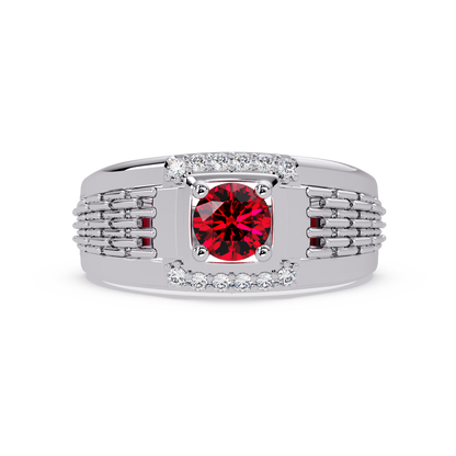 0.7 CTW Round Diamond Accent Geometric Men’s Colorstone Ring with Ruby Red in 14K White Gold – Lunéa Paris
