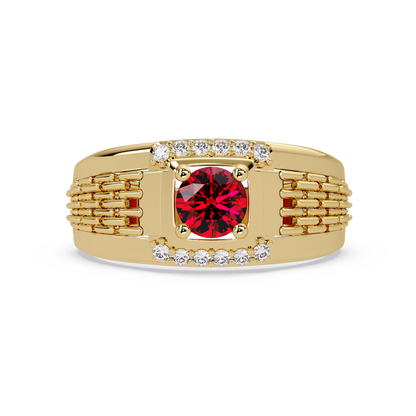 0.7 CTW Round Diamond Accent Geometric Men’s Colorstone Ring with Ruby Red in 14K Yellow Gold – Lunéa Paris