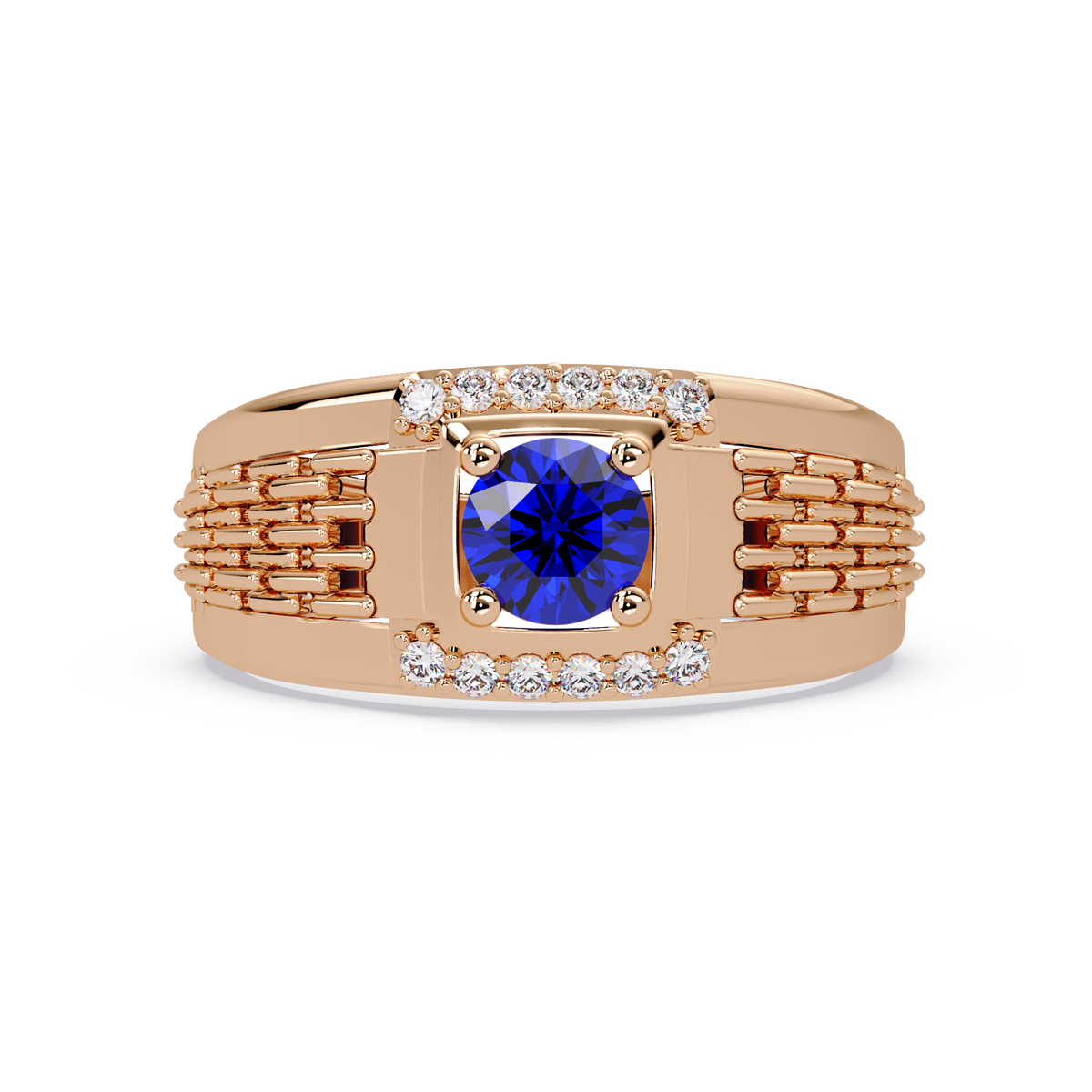 0.7 CTW Round Diamond Accent Geometric Men’s Colorstone Ring with Sapphire Blue in 14K Rose Gold – Lunéa Paris