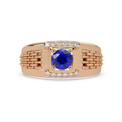 0.7 CTW Round Diamond Accent Geometric Men’s Colorstone Ring with Sapphire Blue in 14K Rose Gold – Lunéa Paris