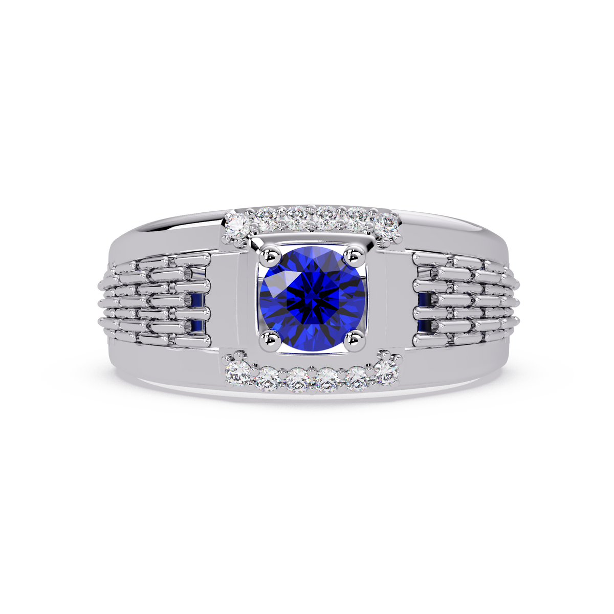 0.7 CTW Round Diamond Accent Geometric Men’s Colorstone Ring with Sapphire Blue in 14K White Gold – Lunéa Paris