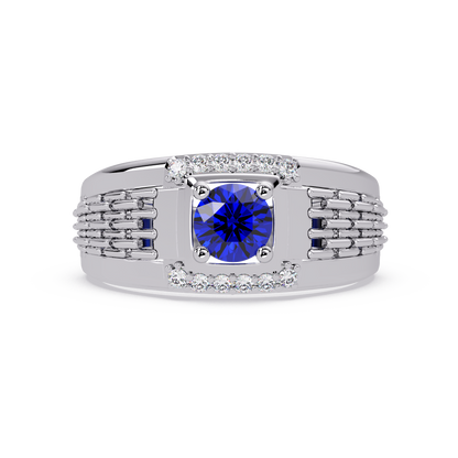 0.7 CTW Round Diamond Accent Geometric Men’s Colorstone Ring with Sapphire Blue in 14K White Gold – Lunéa Paris