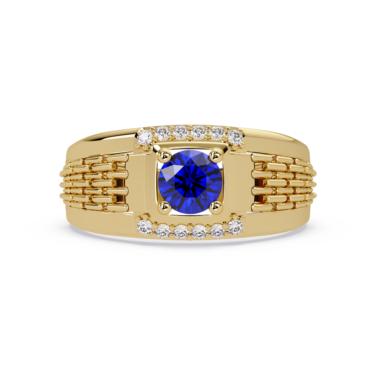 0.7 CTW Round Diamond Accent Geometric Men’s Colorstone Ring with Sapphire Blue in 14K Yellow Gold – Lunéa Paris