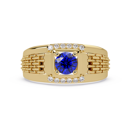 0.7 CTW Round Diamond Accent Geometric Men’s Colorstone Ring with Sapphire Blue in 14K Yellow Gold – Lunéa Paris