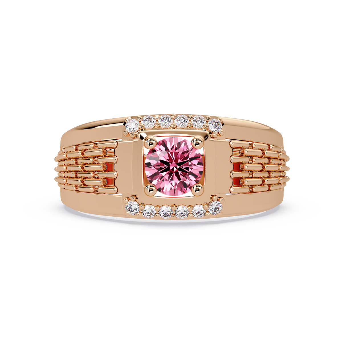 0.7 CTW Round Diamond Accent Geometric Men’s Colorstone Ring with Tourmaline Pink in 14K Rose Gold – Lunéa Paris
