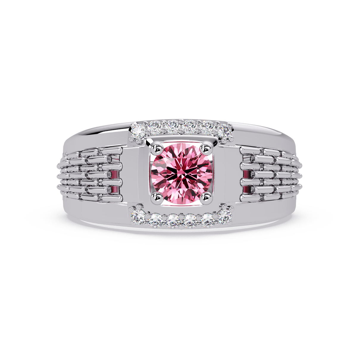 0.7 CTW Round Diamond Accent Geometric Men’s Colorstone Ring with Tourmaline Pink in 14K White Gold – Lunéa Paris