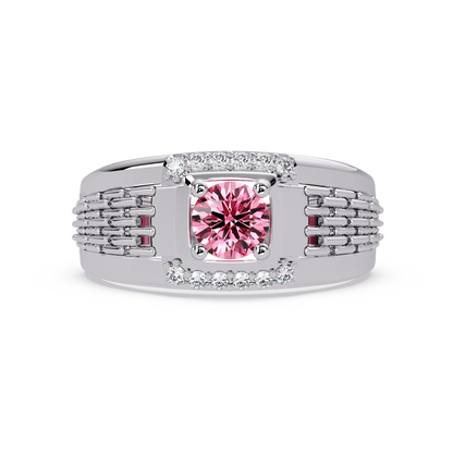 0.7 CTW Round Diamond Accent Geometric Men’s Colorstone Ring with Tourmaline Pink in 14K White Gold – Lunéa Paris