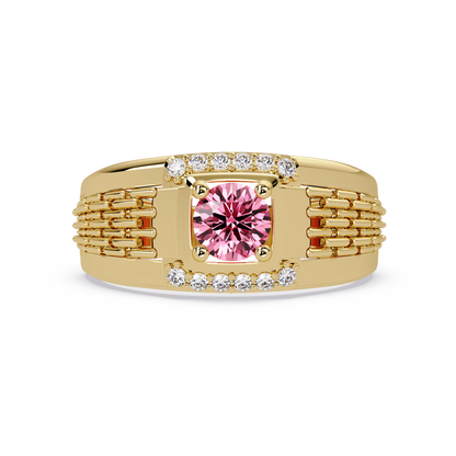 0.7 CTW Round Diamond Accent Geometric Men’s Colorstone Ring with Tourmaline Pink in 14K Yellow Gold – Lunéa Paris
