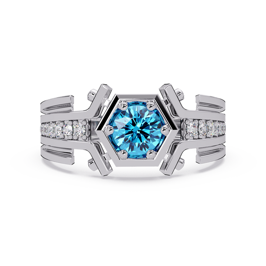 0.8 CTW Round Hexagonal Men’s Colorstone Ring with Aquamarine Blue in White Gold – Lunéa Paris