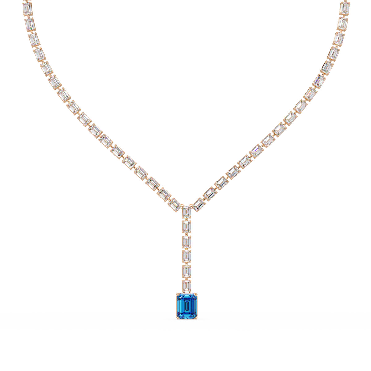 Emerald-cut aquamarine blue colorstone tennis necklace in rose gold