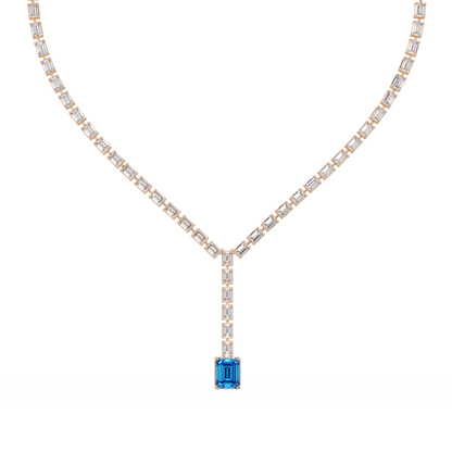 Emerald-cut aquamarine blue colorstone tennis necklace in rose gold
