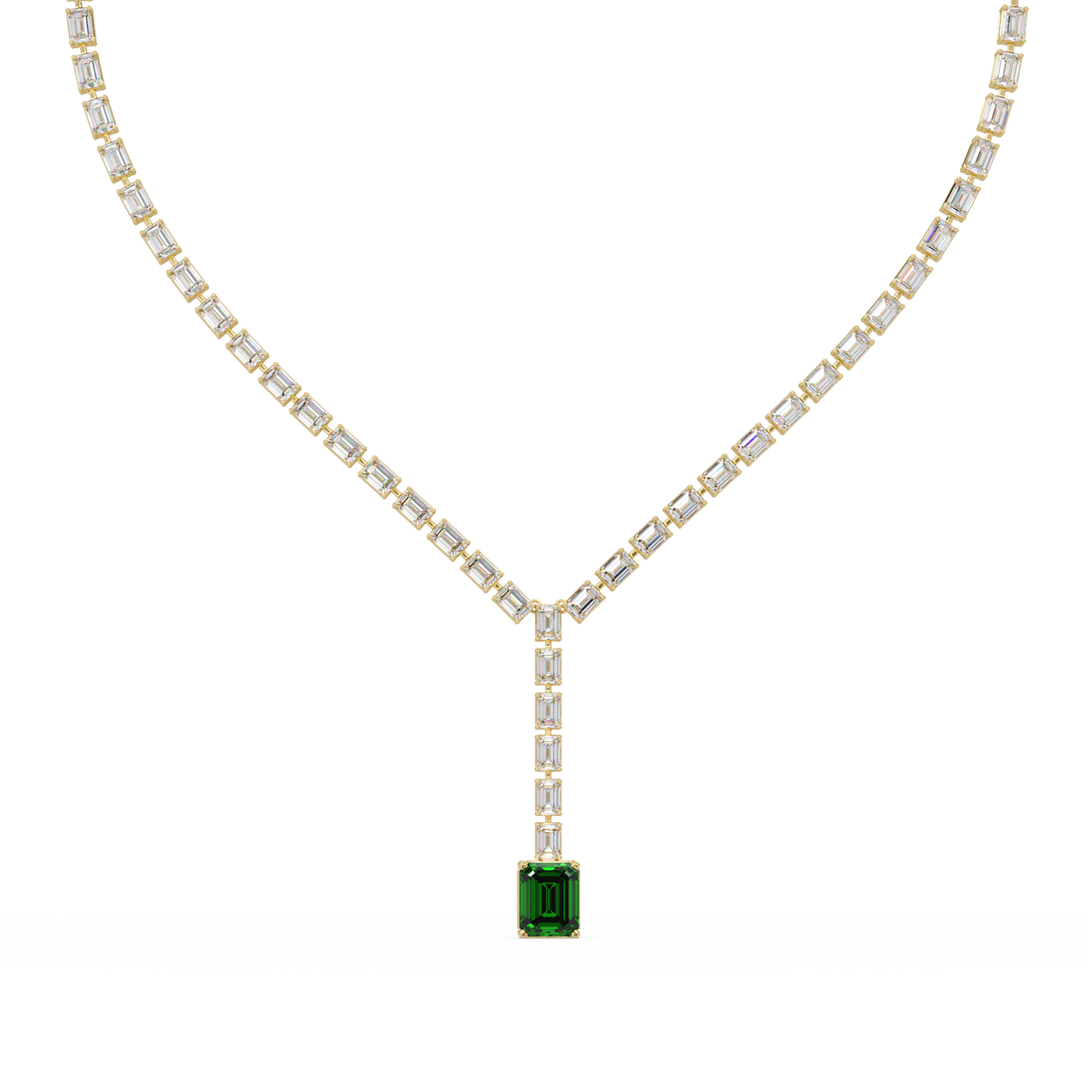 Emerald-cut emerald green colorstone tennis necklace in rose gold