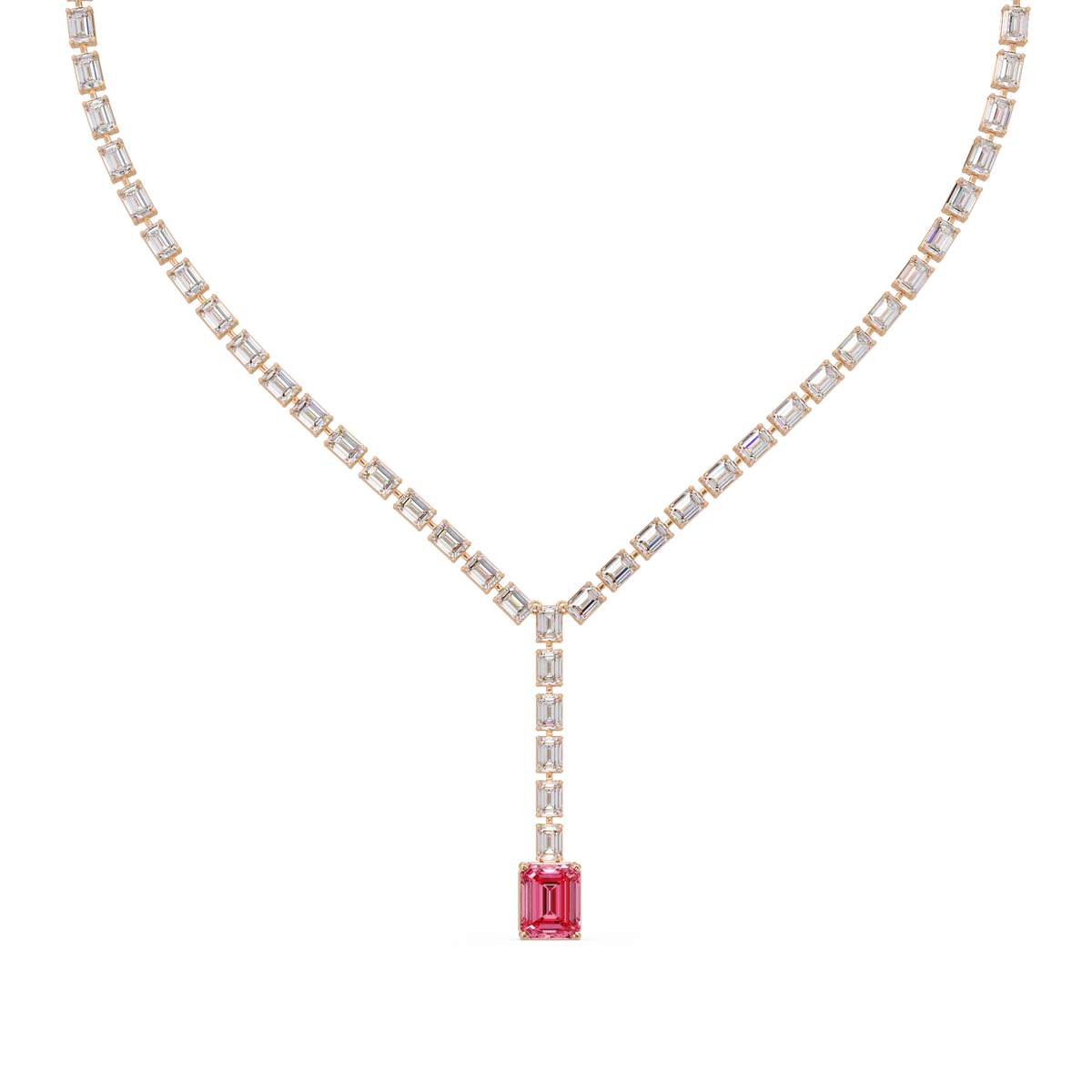Emerald-cut tourmaline pink colorstone tennis necklace in rose gold