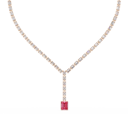 Emerald-cut tourmaline pink colorstone tennis necklace in rose gold
