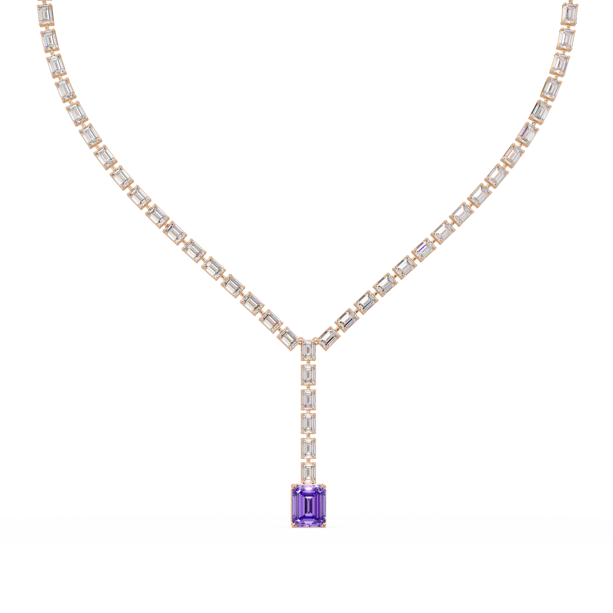 Emerald-cut amethyst purple colorstone tennis necklace in rose gold