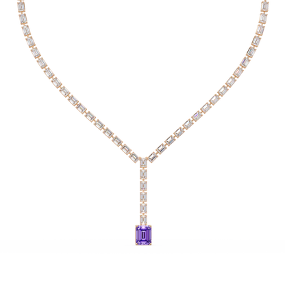 Emerald-cut amethyst purple colorstone tennis necklace in rose gold
