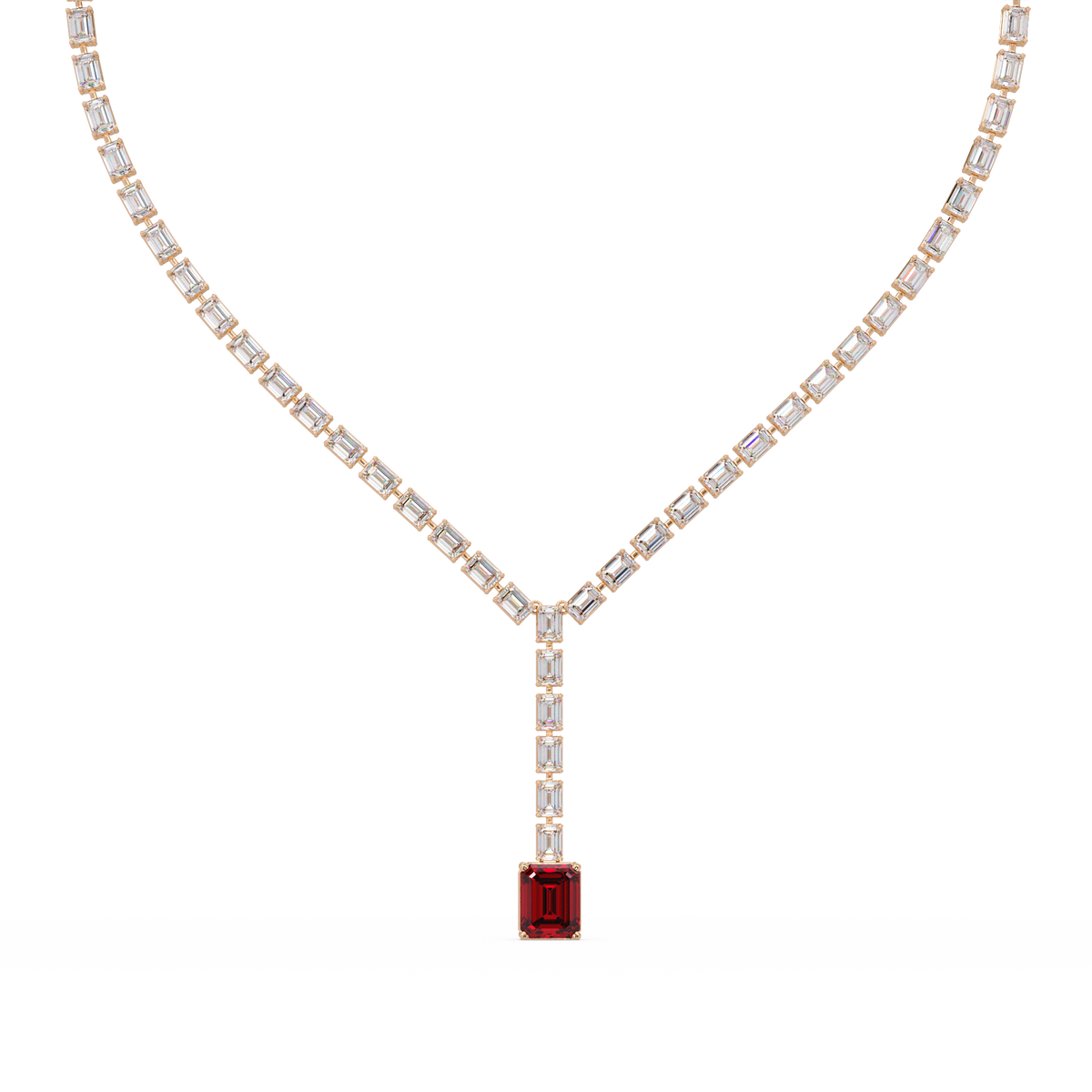 Emerald-cut ruby red colorstone tennis necklace in rose gold