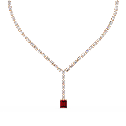 Emerald-cut ruby red colorstone tennis necklace in rose gold