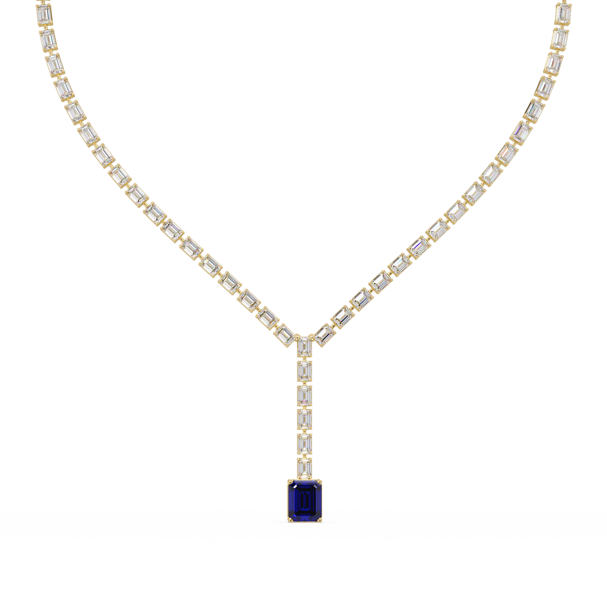 Emerald-cut sapphire blue colorstone tennis necklace in rose gold