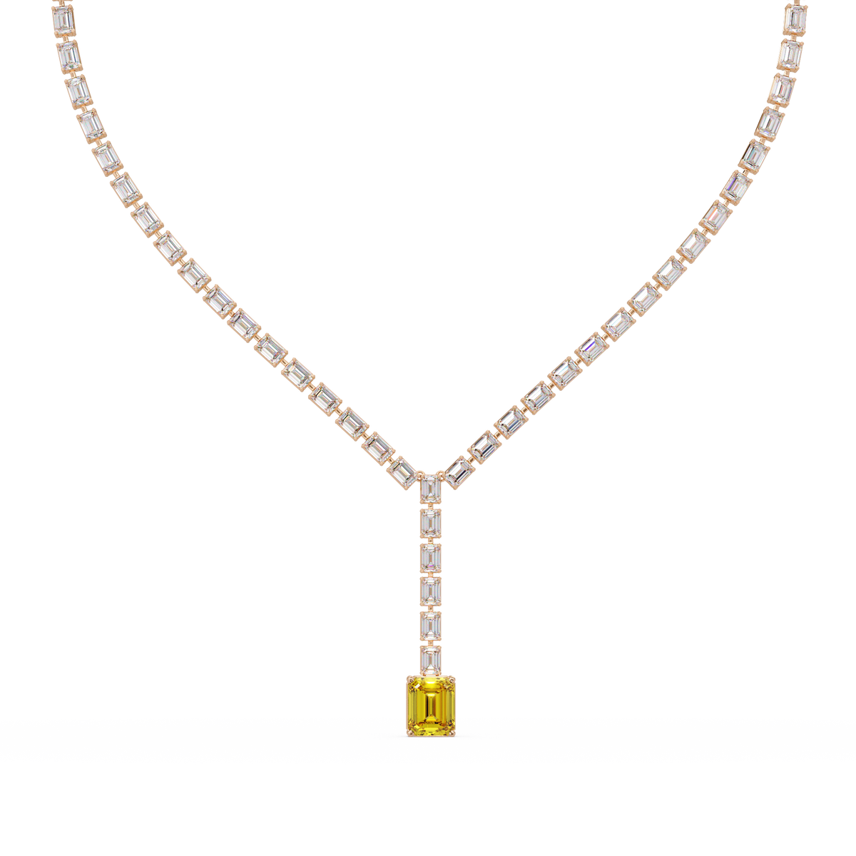 Emerald-cut citrine yellow colorstone tennis necklace in rose gold