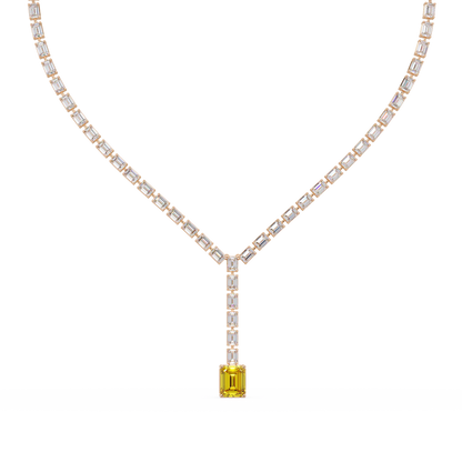Emerald-cut citrine yellow colorstone tennis necklace in rose gold