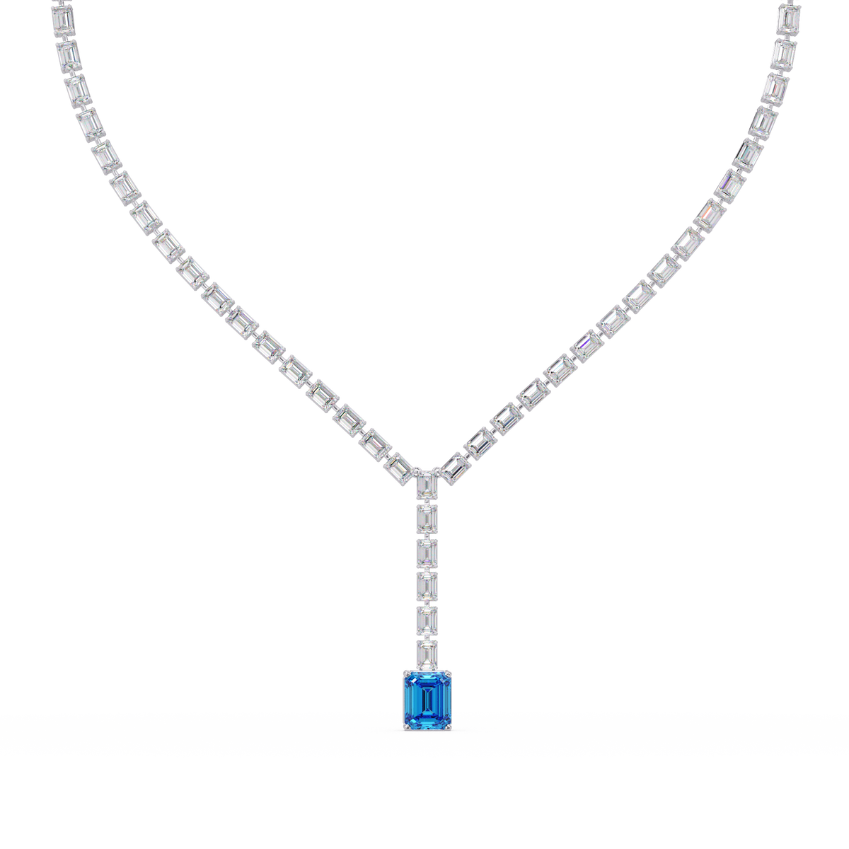 Emerald-cut aquamarine blue colorstone tennis necklace in white gold