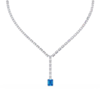 Emerald-cut aquamarine blue colorstone tennis necklace in white gold