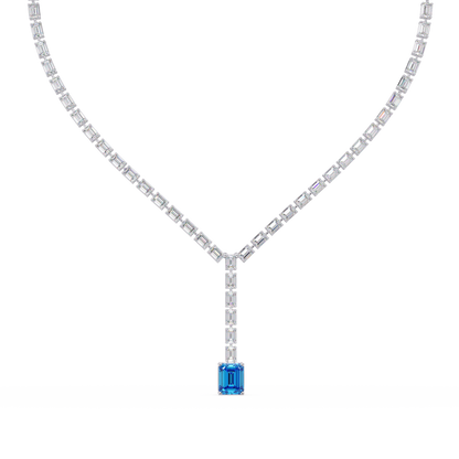 Emerald-cut aquamarine blue colorstone tennis necklace in white gold