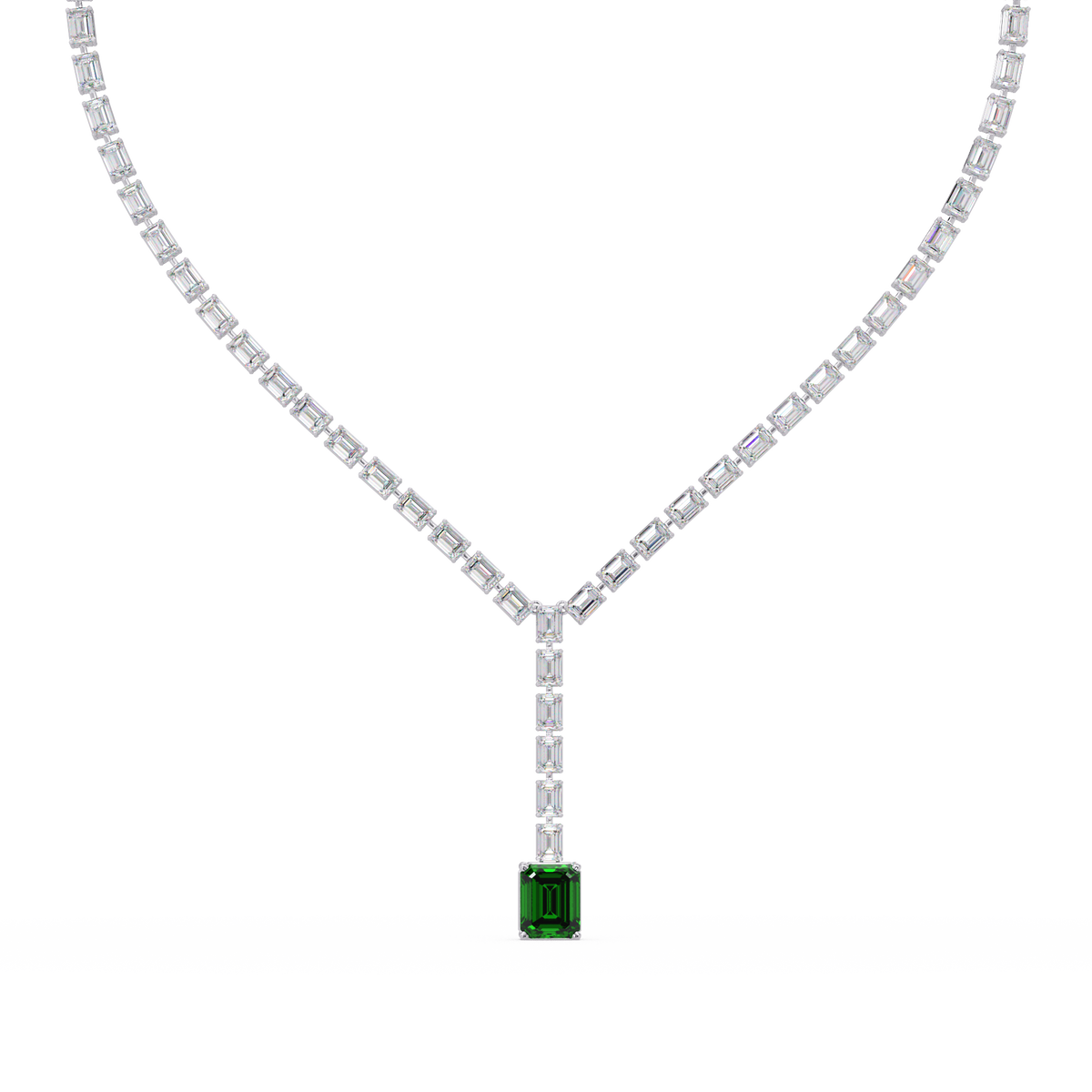 Emerald-cut emerald green colorstone tennis necklace in white gold