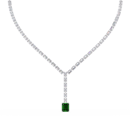 Emerald-cut emerald green colorstone tennis necklace in white gold