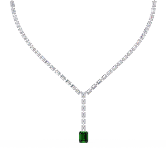 Emerald-cut emerald green colorstone tennis necklace in white gold